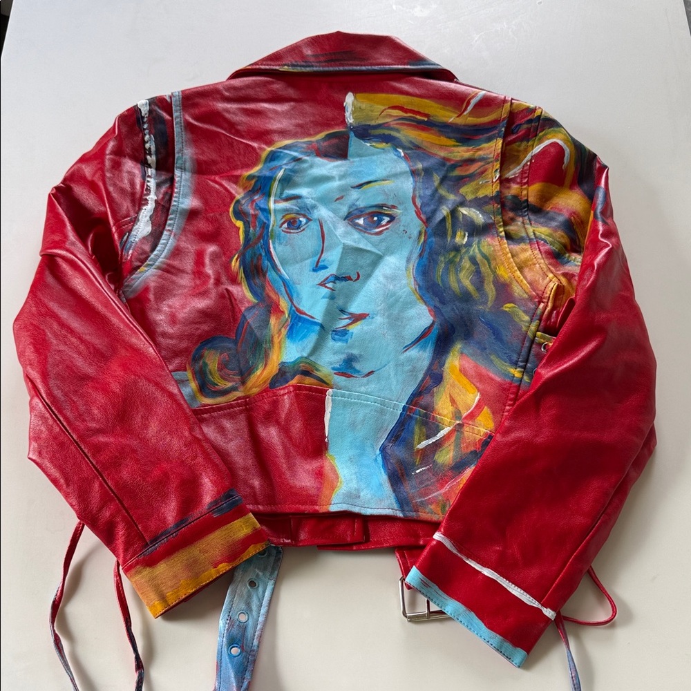Hand Painted Red Faux Leather Biker Jacket Women’s XS